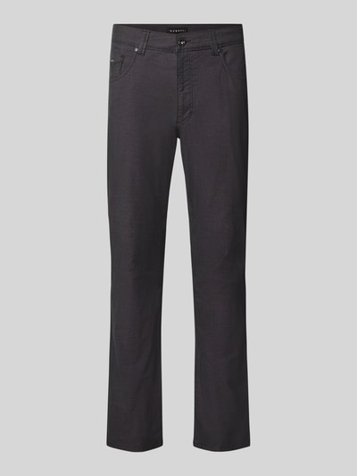 Produktfoto, Straight Fit Hose aus Baumwoll-Mix Modell 'Yarn' von bugatti in dunklem Ton, 5-Pocket-Design, glatte Struktur, Kontext: Herren Hose, elastischer Baumwoll-Mix, Knopf- und Reißverschluss, Bundweite 40 cm, Innenbeinlänge 81 cm.