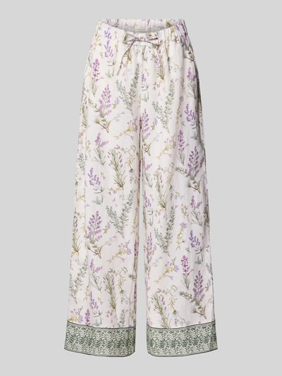 Produktfoto, Wide Leg Leinenhose mit Lavendelprint von Christian Berg Woman in Weiß mit floralen lila und grünen Mustern, elastischer Bund, reine Leinenstruktur.