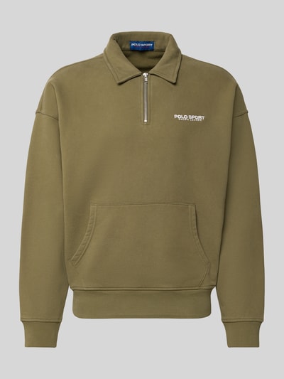 Produktfoto, olivgrüner Regular Fit Troyer aus Baumwoll-Mix von Polo Ralph Lauren mit Logo-Print, gerippte Bündchen, Herren Troyer von Polo Ralph Lauren