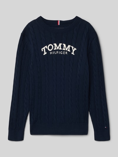 Produktfoto, Regular Fit Pullover aus reiner Baumwolle von Tommy Hilfiger Teens in Dunkelblau mit Zopfmuster, Rundhals, Stricktextur, Label-Stitching.