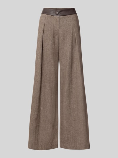 Produktfoto, Wide Leg Hose aus Schurwoll-Mix mit Eingrifftaschen von Armani Exchange, braune und beigetöne, grobe Struktur, Knopfverschluss, glatter Bund, Damen Hose im weiten Schnitt, Materialmix mit Seiden-Anteil, Vorderansicht.