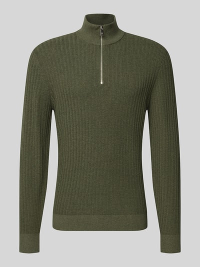Christian Berg Men Strickpullover mit gerippten Abschlüssen Oliv Melange 2