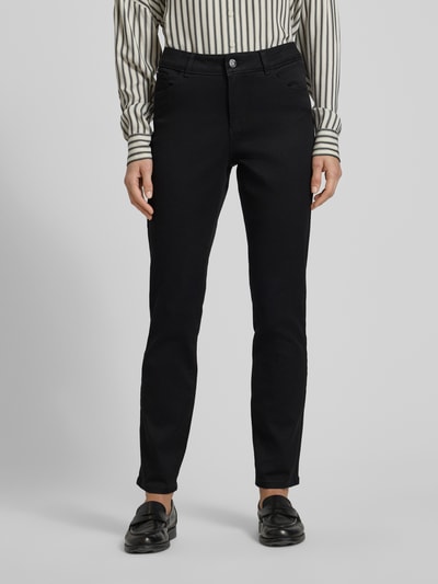 Vrouwenmodel draagt Slim Fit Jeans im 5-Pocket-Design van Christian Berg Woman, zwart, katoenmix met stretch, unicolor, voorkant, close-up bovenlichaam.