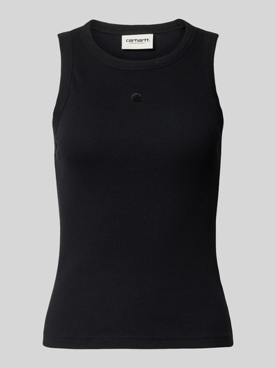 Produktfoto, schwarzes Tanktop in Ripp-Optik Modell 'Philips' von Carhartt Work In Progress aus Baumwoll-Elasthan-Mix, Slim-Fit, Rundhalsausschnitt, Rückenlänge 53 cm bei Größe S.