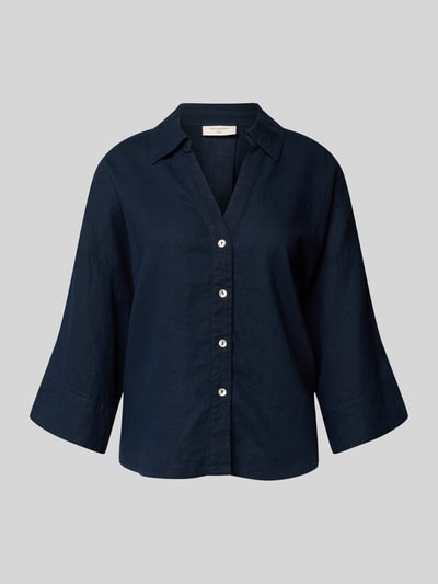 Produktfoto, dunkelblaue Boxy Fit Bluse mit V-Ausschnitt Modell 'Lava' von FREE/QUENT, Leinen-Viskose-Mix, 3/4-Arm, glatte Textur