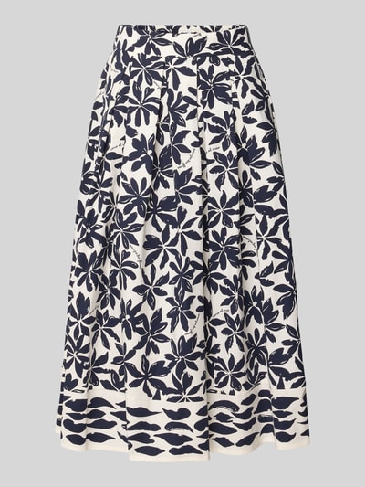 Produktfoto, Faltenrock im Allover-Look mit elastischem Bund von ROBE LÉGÈRE aus Baumwoll-Elasthan-Mix, A-Linie, Midirock, weiß-blau, florales Muster, Bundweite bei Größe 36: 34 cm, Gesamtlänge bei Größe 36: 84 cm.