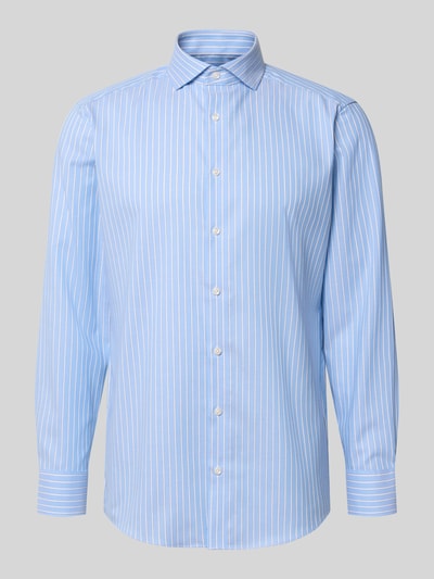 Produktfoto, Modern Fit Businesshemd aus reiner Baumwolle von OLYMP in Hellblau mit weißen Streifen, glatte Textur, Herren Businesshemd