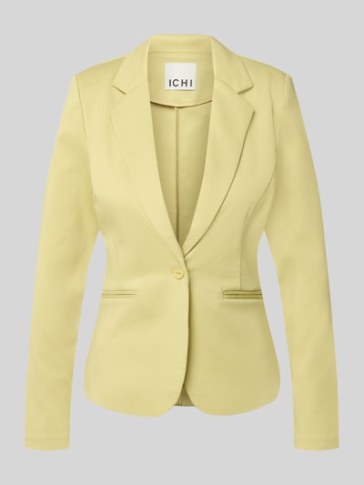 Produktfoto, Slim Fit Blazer mit Paspeltaschen Modell 'KATE' von ICHI in hellem Gelb, glatte Oberfläche, Reverskragen, Knopfverschluss, Material-Mix mit Viskose-Anteil