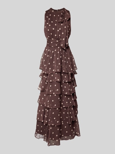 Produktfoto, 'Abendkleid im Stufen-Look' von Neo Noir, brązowy materiał z kremowymi kropkami, krój slim fit, długość maxi, okrągły dekolt, kluczowe wycięcie z tyłu, szerokość w rozmiarze 36: 42 cm, długość tyłu w rozmiarze 36: 141 cm, tekstura zwiewna, warstwowa forma.