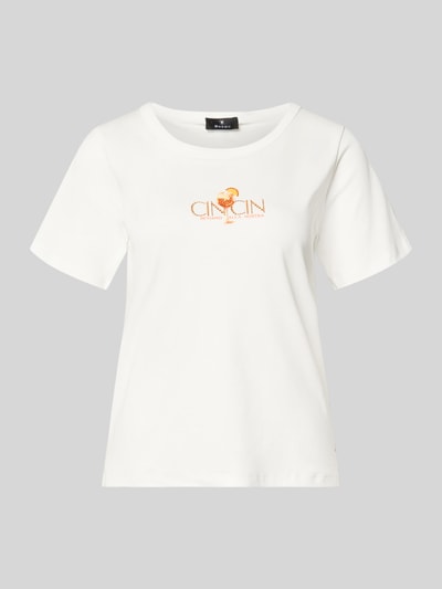 Produktfoto, T-Shirt mit Motiv-Print und Strasssteinbesatz von monari aus Reine Baumwolle, Gerader-Schnitt, Rundhalsausschnitt, Rückenlänge 57 cm bei Größe 36, weiß mit glatter Textur