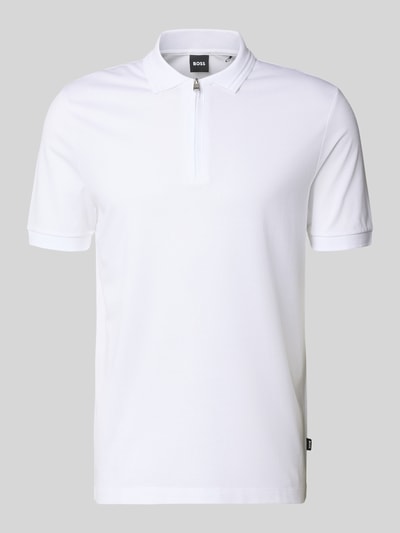 Produktfoto, Regular Fit Poloshirt aus Baumwoll-Lyocell-Mix Modell 'H-PARAS 70' von BOSS, efekt: jednolity kolor, pika, biały, naszywka z logo, krótki zamek błyskawiczny