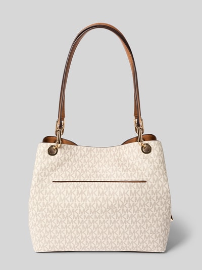 Produktfoto, beżowa Tote Bag mit Allover-Logo-Print Modell 'Kensington' von MICHAEL Michael Kors, złote detale, wąskie rączki, szerokość w rozmiarze 1: 39 cm, długość 27 cm, głębokość 13 cm, długość rączki 63 cm, przegródka z magnesem, zamek, logo