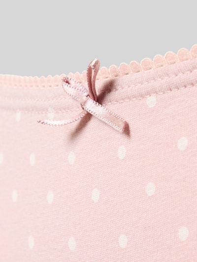 Produktfoto, Slip mit Schleifen-Applikation von Jake*s Casual aus rosafarbenem Baumwoll-Elasthan-Mix mit weißen Punkten und elastischem Bund, Detailaufnahme.