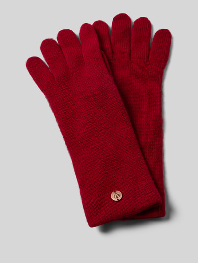 Produktfoto, Handschuhe aus reinem Kaschmir von FRAAS in kräftigem Rot, gerippte Abschlüsse, Label-Detail, glatte Textur.