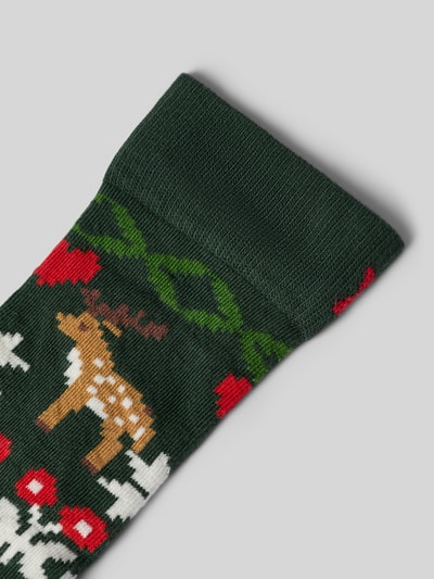 Produktfoto, Socken mit Label-Print Modell 'Reindeer Love' von Happy Socks, grüner Stoff mit Rentier- und Herzmotiv, elastisches Rippbündchen, glatte Textur, Motiv-Prints.