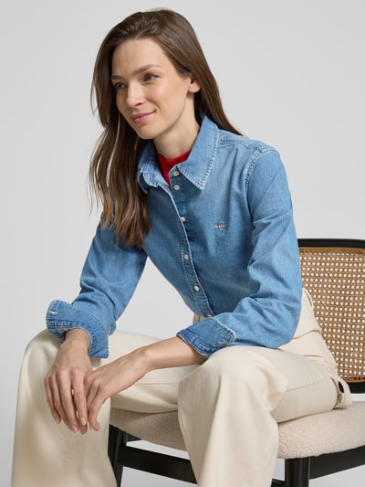 Gant Regular fit overhemdblouse met labelstitching Lichtblauw gemêleerd - 3