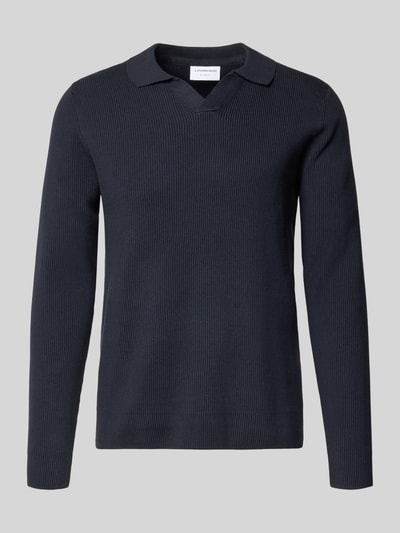 Produktfoto, Relaxed Fit Strickpullover in Ripp-Optik von Lindbergh, Herren, Baumwoll-Mix, dunkle Farbe, Polokragen, V-Ausschnitt