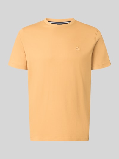 Produktfoto, T-Shirt mit Rundhalsausschnitt und Logo-Stitching von Lerros in Beige, reine Baumwolle, gerader Schnitt, glatte Textur