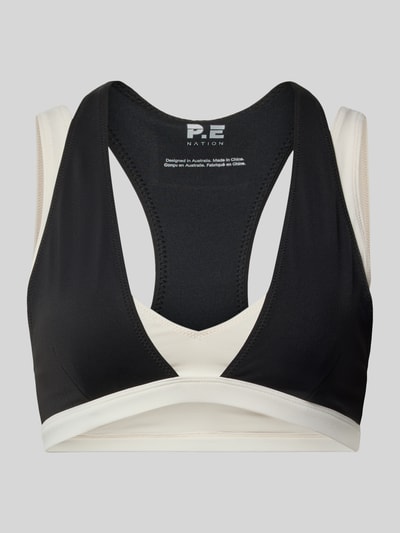 Produktfoto, Racerback-Bustier mit V-Ausschnitt Modell 'ACTIVE' von P.E Nation aus mieszanka materiałów z dodatkiem streczu, dopasowany krój, kontrast czarnego i kremowego koloru, logo.