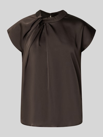 Produktfoto, Blusentop aus Satin mit Knotendetail Modell 'Fleur Drapy' von Neo Noir, dunkelbraun, glatte Struktur, Regular Fit, Rückenlänge 59 cm