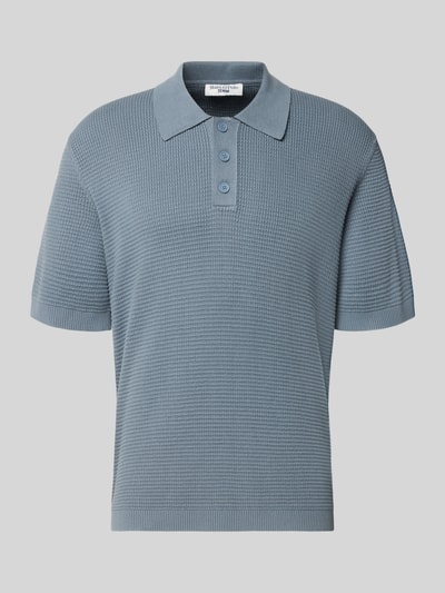 Produktfoto, Regular Fit Poloshirt aus reiner Baumwolle van Marc O'Polo Denim, effen blauw, polokraag met korte knoopsluiting, ribboorden, gebreide structuur
