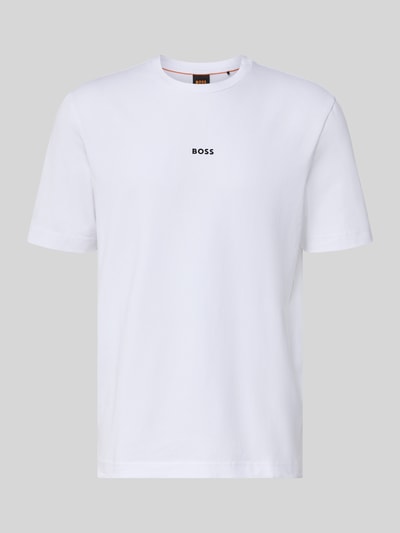 Produktfoto, weißes T-Shirt mit Label-Print von BOSS aus Baumwoll-Elasthan-Mix, Regular Fit, Rundhalsausschnitt, glatte Oberfläche