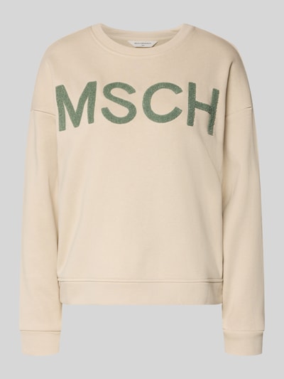 Produktfoto, Sweatshirt mit Label-Stitching Modell 'Mela Briena' von MSCH Copenhagen aus mieszanka bawełny, krój loose fit, okrągły dekolt, beżowy, zielone wyhaftowane logo