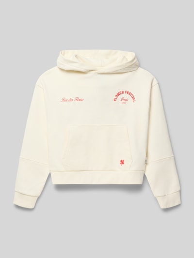 Produktfoto, Regular Fit Hoodie mit Motiv-Stitching von Garcia in Cremeweiß mit Logo-Print, Känguru-Tasche und elastischen Abschlüssen.