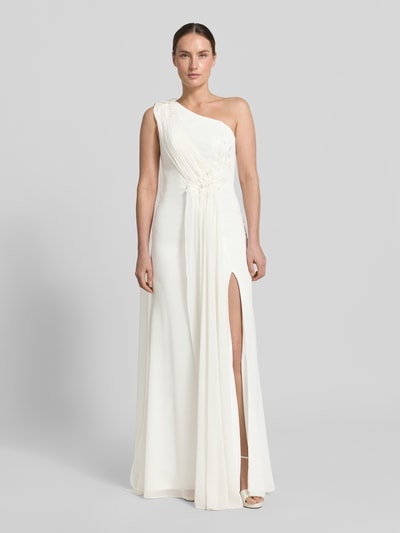 Vrouwenmodel draagt Maxikleid im One-Shoulder-Look van Unique, chiffon, recht model, stitchings, pailletten, parels, ruglengte maat 36: 144 cm, borstwijdte maat 36: 34 cm, full body vooraanzicht.