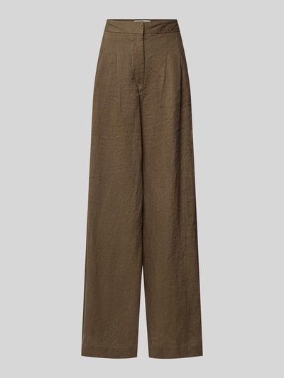 Produktfoto, Wide Fit Hose mit Bundfalten Modell 'Ginkoli' von Stefanel aus Reine Baumwolle, Eingrifftaschen, Haken- und Reißverschluss, braune Farbe, Webstruktur, Damen Hose, Bundweite 35 cm, Innenbeinlänge 75 cm, Größe 36