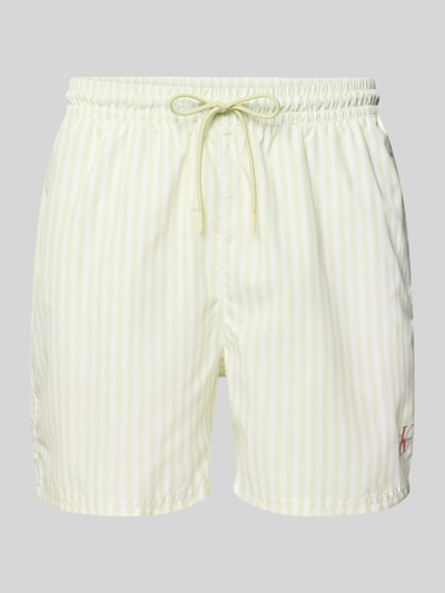Produktfoto, Regular Fit Shorts mit Logo-Print von Calvin Klein Underwear in Gelb und Weiß gestreift, elastischer Bund mit Tunnelzug, integrierter Slip, Herren Shorts