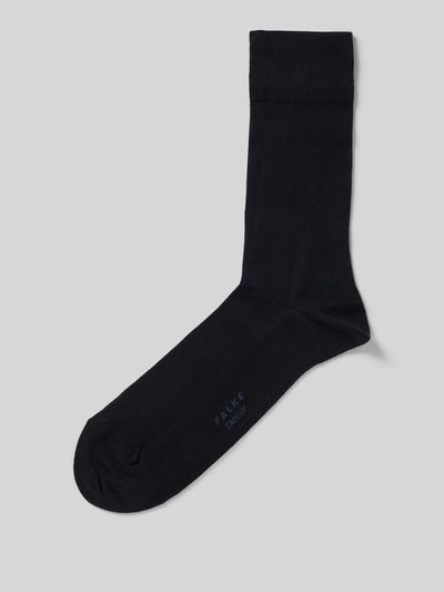 Produktfoto, schwarze Socken mit elastischen Rippenbündchen und Unifarbenes-Design, Modell 'Family SO' von Falke mit Label-Detail