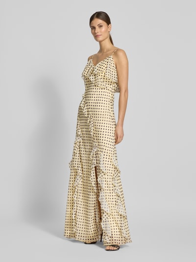 Modelka prezentuje Slim Fit Maxikleid mit Rüschenbesatz von Jake*s Cocktail, lekki materiał, beż z czarnym wzorem, krój slim fit, dekolt V, ramiączka spaghetti, długość tyłu w rozmiarze 36: 130 cm, szerokość w rozmiarze 36: 37 cm, całopostaciowy widok z przodu.