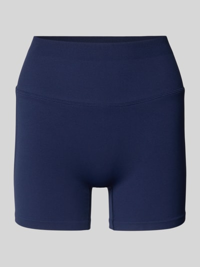 Produktfoto, Slim Fit Shorts mit breitem Bund Modell 'Scrunch' von Fabletics in Dunkelblau, Elastischer-Material-Mix, Damen Shorts, Bundweite 31 cm, Innenbeinlänge 10 cm.