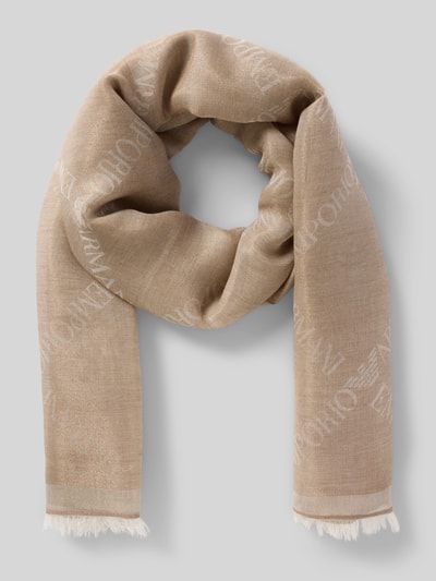 Produktfoto, Schal mit Fransen von Emporio Armani in Beige, rechteckige Form, Label-Details, Baumwoll-Mix mit Viskose-Anteil, feine Textur