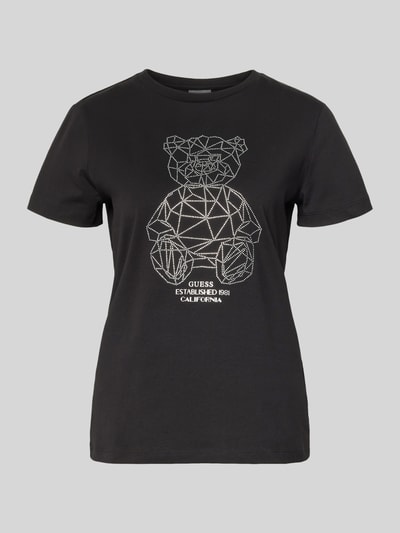 Produktfoto, schwarzes T-Shirt mit Ziersteinbesatz und Rundhalsausschnitt von Guess Activewear, Slim Fit, Baumwoll-Elasthan-Mix, Vorderseite.
