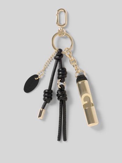 Produktfoto, goldfarbener Anhänger mit Logo-Detail Modell 'IRIDE' von FURLA mit schwarzem Schlüsselring, Schnapphaken-Verschluss und Lederband, Damen Accessoire.