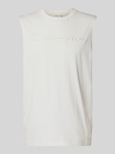 Produktfoto, Top mit Label-Stitching und Rundhalsausschnitt von CHAMPION aus reiner Baumwolle in Weiß, Regular Fit, strukturierte Oberfläche.