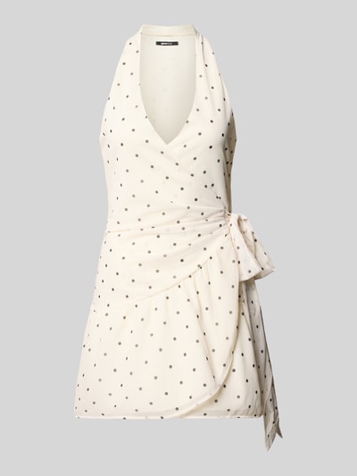 Produktfoto, sukienka mini z kopertowym stylem, wiązanie na szyi, wiązany pasek, kremowa w czarne kropki, Minikleid mit Neckholder von Gina Tricot, krój taliowany, długość tyłu w rozmiarze S: 83 cm, szerokość w rozmiarze S: 38 cm