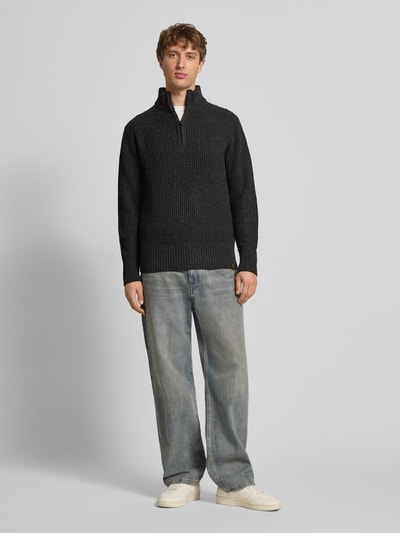 G-Star Raw Sweter z dzianiny z mieszanki wełny lana ze stójką i zamkiem błyskawicznym Antracytowy 1