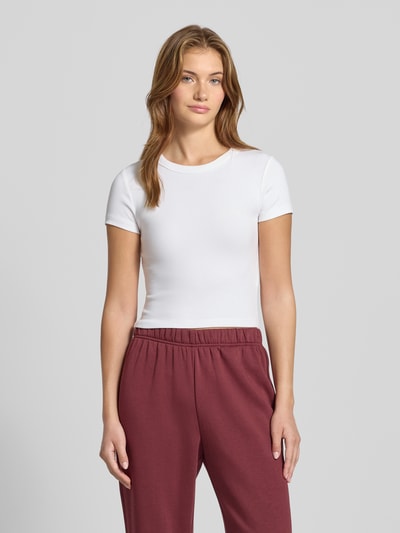 Gina Tricot T-shirt z prążkowanym okrągłym dekoltem Biały 4