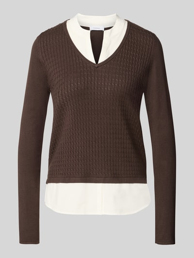 Produktfoto, Longsleeve aus Viskose-Mix in Strick-Optik von COMMA, Braun mit weißen Kontrast-Details, körpernah, V-Ausschnitt, Damenmode