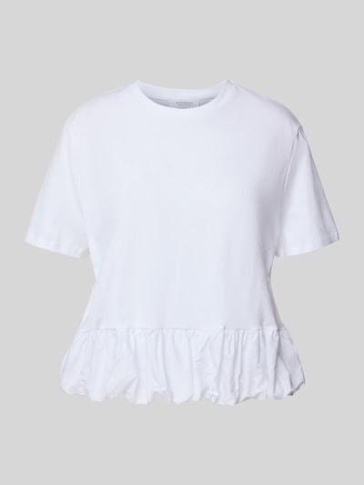 Produktfoto, weißes Damen T-Shirt mit Rundhalsausschnitt von Rich & Royal aus Reine Baumwolle, Relaxed-Fit, 1/2-Arm, Rückenlänge 59 cm.