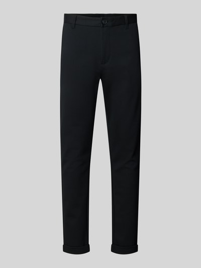 Productfoto, Slim Fit Stoffhose mit umgeschlagenen Hosenbeinen van Lindbergh, zwarte elastische materiaalmix met viscose, riemlussen, knoop- en ritssluiting, Bandwijdte maat M 43 cm, Binnenbeenlengte maat M 73 cm.