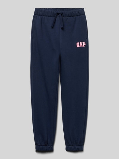 Produktfoto, Sweatpants mit Logo und elastischem Bund von GAP in Dunkelblau, Baumwoll-Mix, Regular Fit, sichtbares GAP-Logo, samtige Textur.