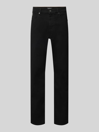 Produktfoto, schwarze Straight Fit Jeans aus Baumwoll-Mix Modell 'Re.Maine' von BOSS, glatte Oberfläche vor grauem Hintergrund. Kontext: Herren Straight Fit Jeans von BOSS