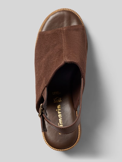 Produktfoto, Sandalen aus echtem Leder von Tamaris in Braun, Optik: Unifarben, abgerundete Schuhspitze, Blockabsatz, Label-Prägung, Dornschließe, strukturierte Sohle, Materialverarbeitung: Veloursleder, Echtleder