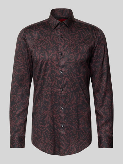 Produktfoto, Slim Fit Businesshemd aus Lyocell Modell 'KENNO' von HUGO, Optik: Allover-Muster, Kentkragen, durchgehende Knopfleiste, Rückenpasse, Langarm, 1-Knopf-Manschette, Rumpfabschluss leicht abgerundet, Material: Lyocell, Farben: Schwarz und Rot, glatte Textur, Muster grafisch.