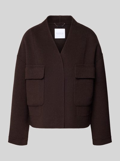 Produktfoto, Relaxed Fit Jacke aus reiner Wolle von Rich & Royal, kolor ciemnobrązowy, nakładane kieszenie, stójka, krój relaxed fit, dł. tyłu w rozmiarze S: 58 cm, szerokość ramion w rozmiarze S: 48 cm, szerokość klatki piersiowej w rozmiarze S: 53 cm, długość rękawów w rozmiarze S: 48 cm, wełna