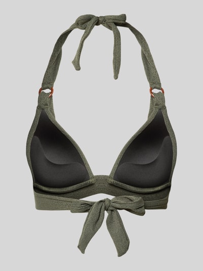 Produktfoto, Bikini-Oberteil mit Label-Detail Modell 'MAHO' von Banana Moon in Olivgrün, Material-Mix mit Stretch-Anteil, Neckholder, Schnürverschluss, körpernaher Schnitt, strukturierte Textur